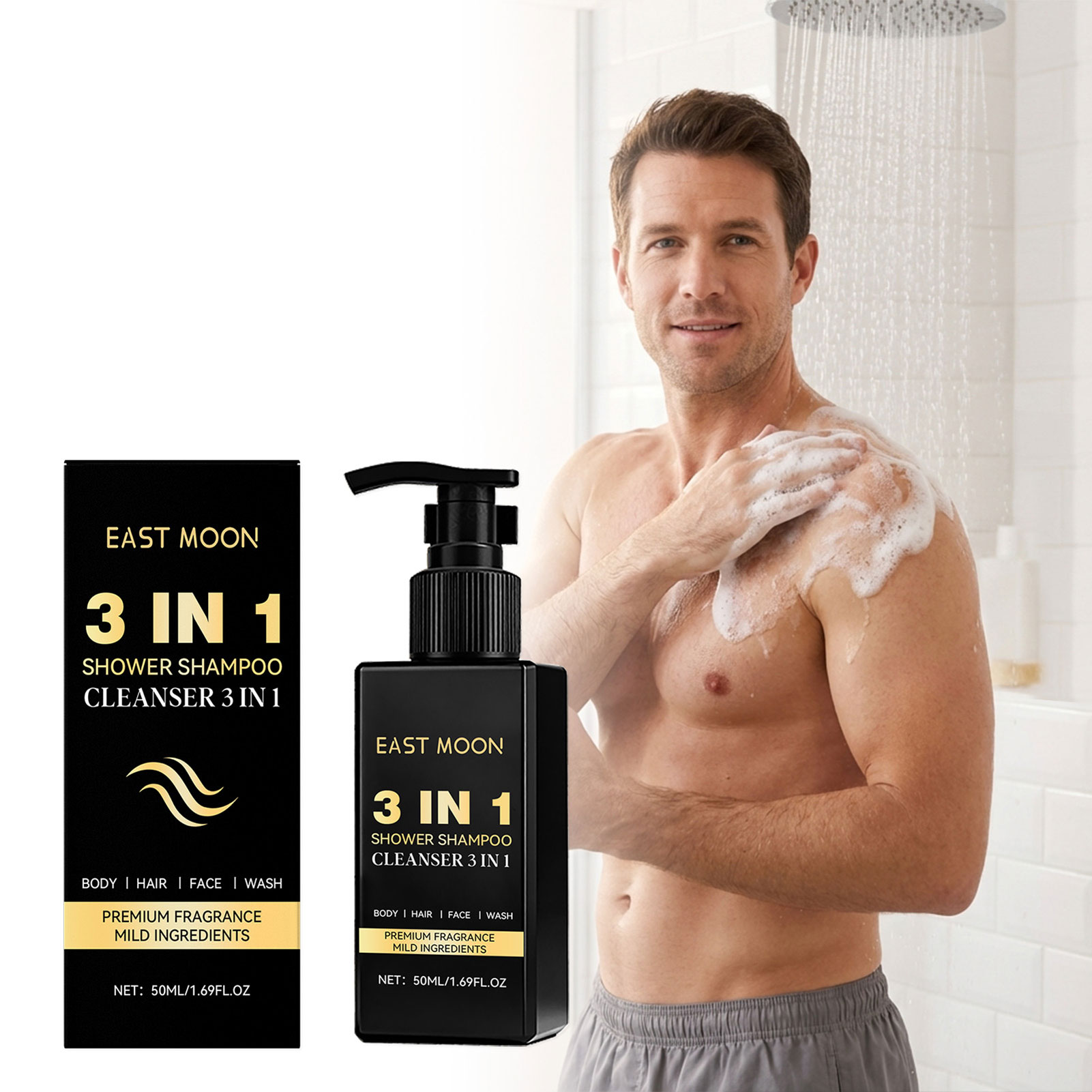 Face Wash Mens - 50 ml 3-in-1-Shampoo, Gesichtsreiniger, Duschgel für